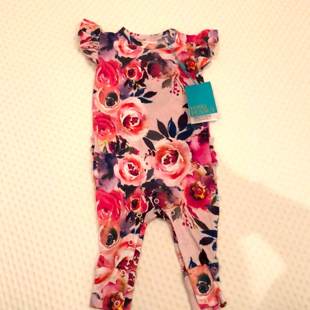 Posh peanut ruffle sleeve rose print romper.